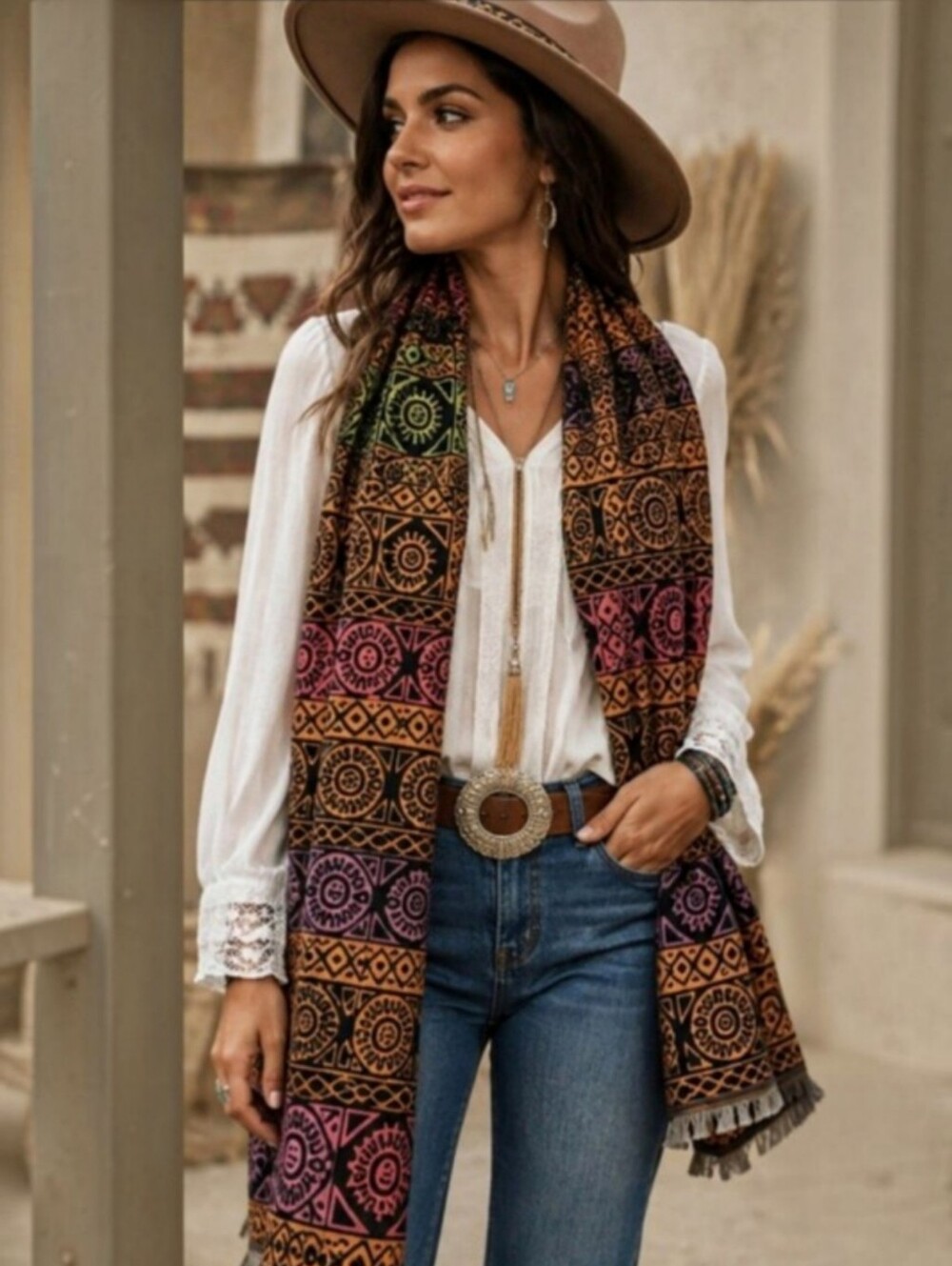 FRYE NWT Boho Aztec Inspired Woven Scarf Wrap Fringe Black Multicolor 70" x 23"